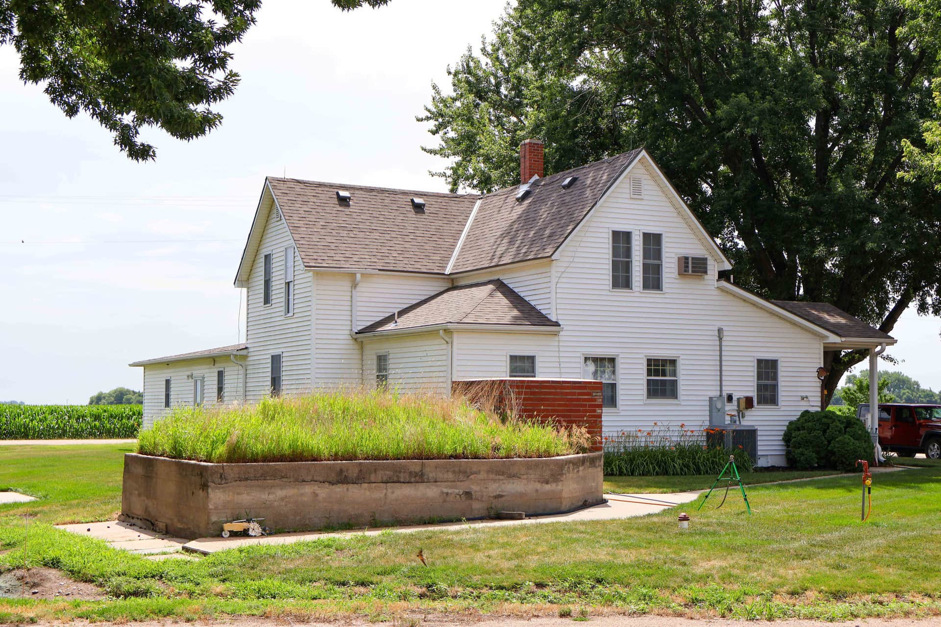 A classic white two-story clapboard Nebraska farmhouse with a brick chimney, framed by mature shade trees, with an ornamental grass bed out front and a cornfield alongside.