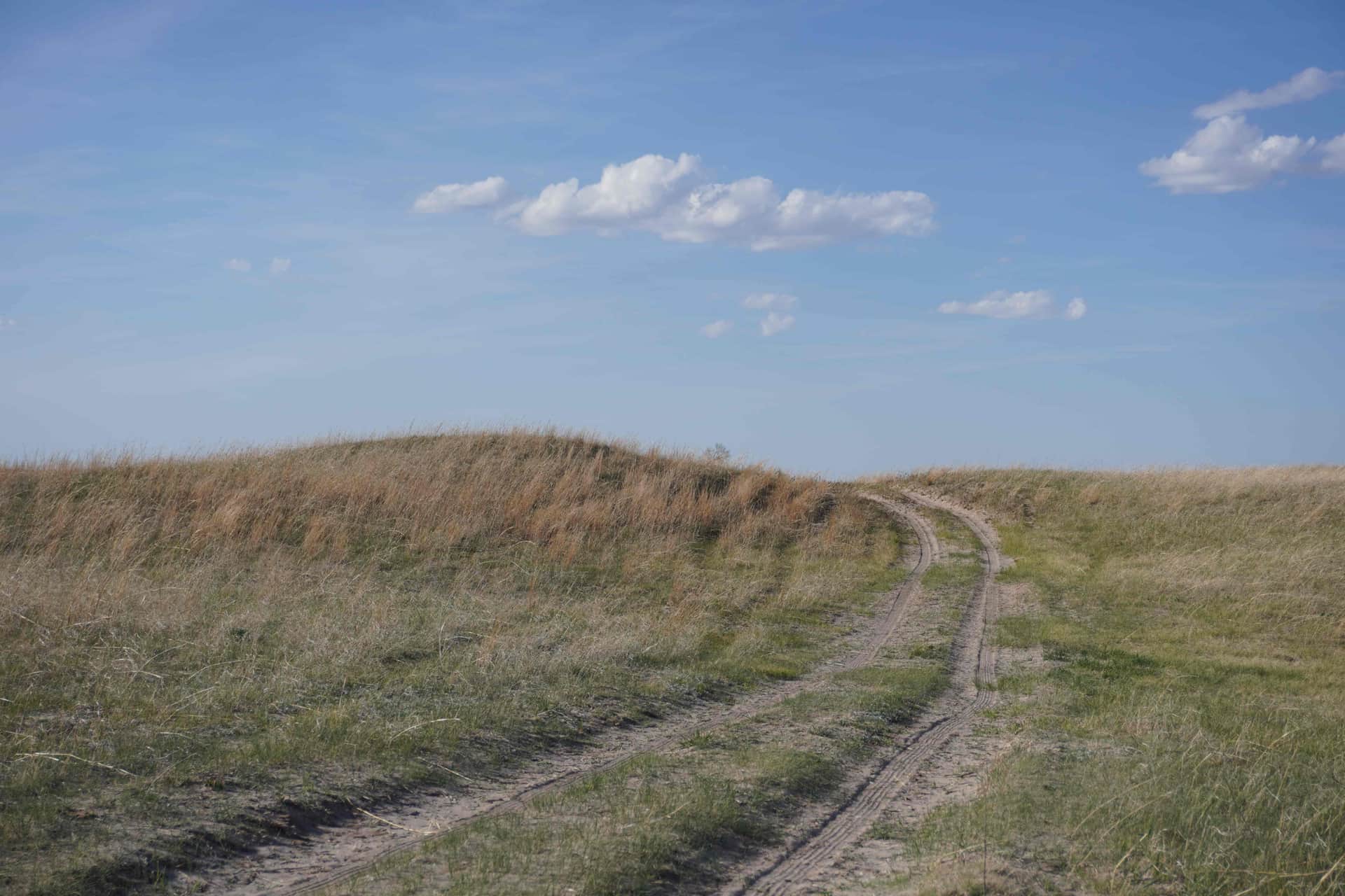 A dirt two-track path curving over a grassy Nebraska Sandhills prairie hill toward the horizon under a big blue sky with scattered clouds.